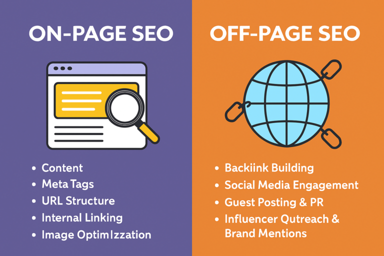 Illustration showing the difference between on-page and off-page SEO techniques