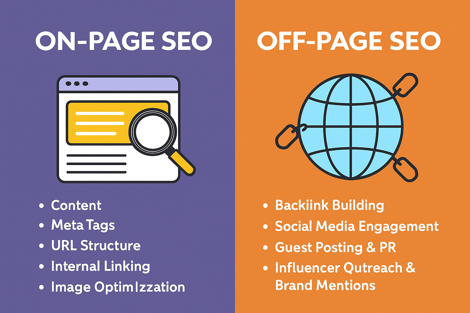 Illustration showing the difference between on-page and off-page SEO techniques