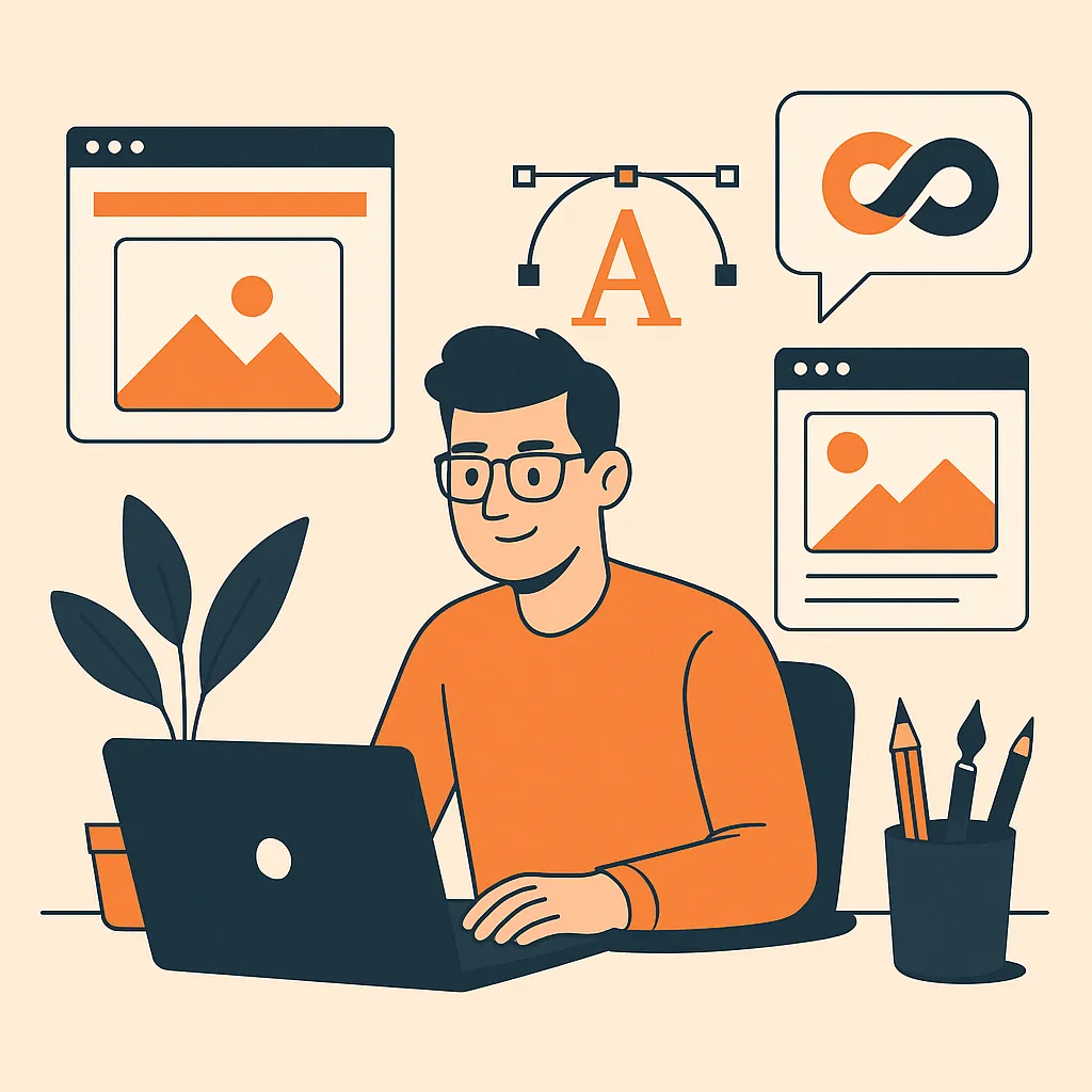 Illustration showing how graphic design helps business growth online through branding and engagement