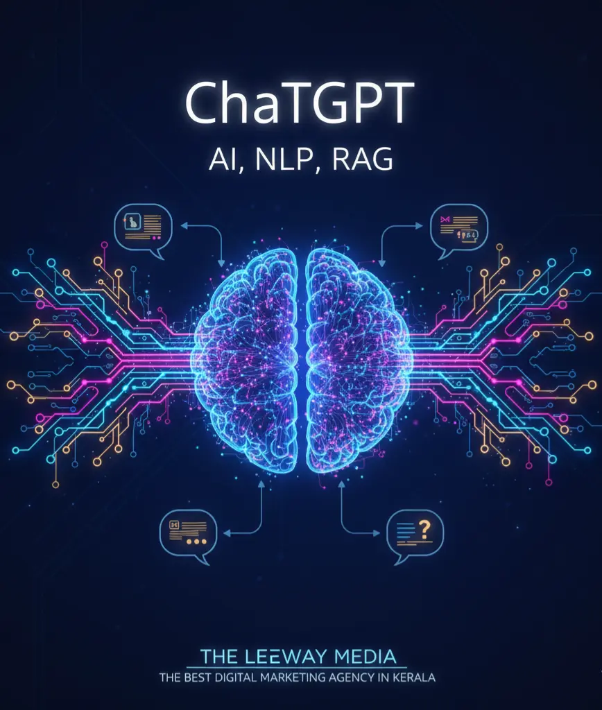 Visual representation of how ChatGPT works with AI, RAG, and NLP used by The Leeway Media-the best digital marketing agency in kerala