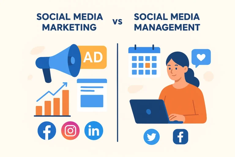 Comparison of Social Media Marketing vs Social Media Management showing strategy vs execution roles