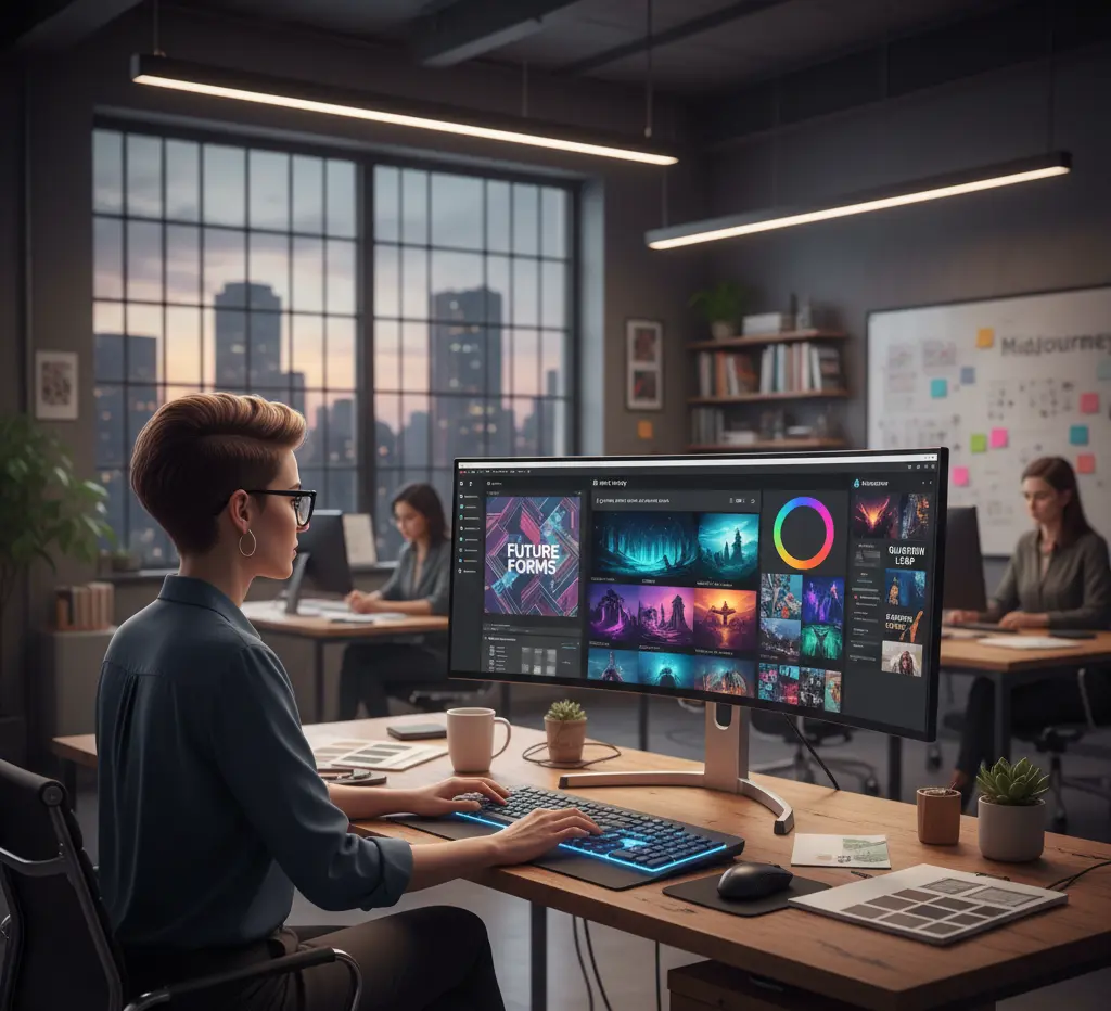 Graphic designer using AI tools like Canva, Adobe Firefly, and MidJourney in a modern creative workspace to streamline design workflow.