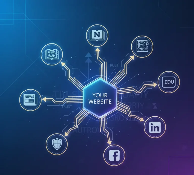 visual representation of a successful off-page SEO strategy with numerous high-quality backlinks pointing to a central website, symbolizing increased domain authority and search engine ranking.