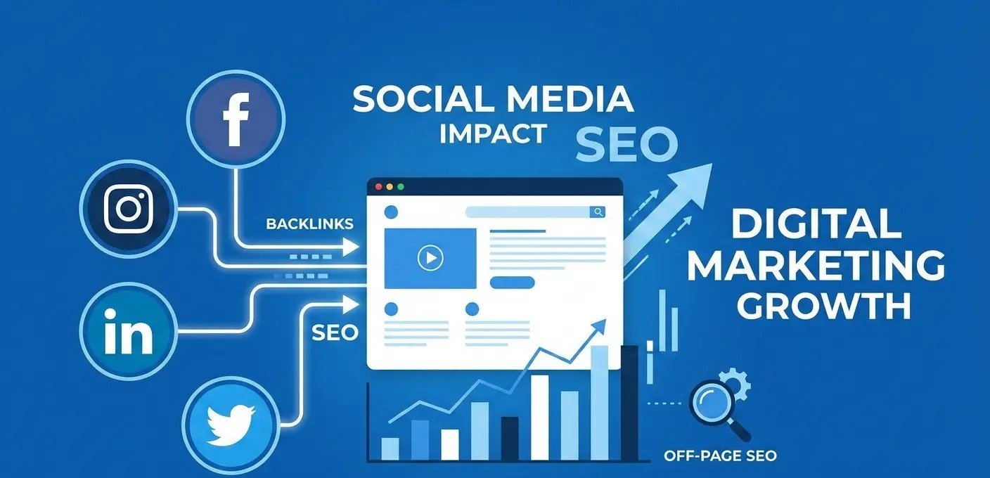 Illustration showing social media impact in off-page SEO through backlinks, traffic growth, and brand authority for a digital marketing agency