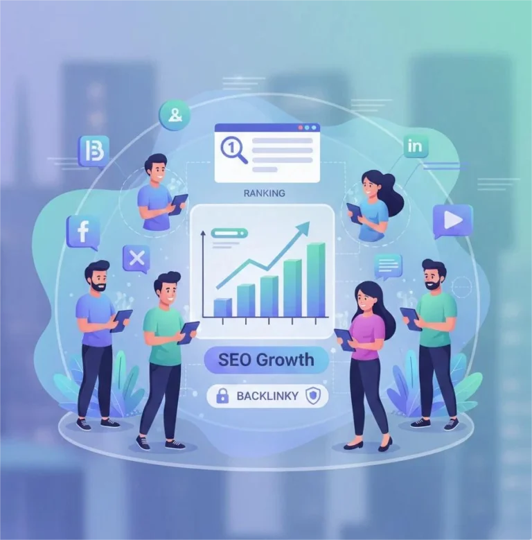 Illustration showing influencer marketing and off-page SEO strategies improving brand authority and search rankings