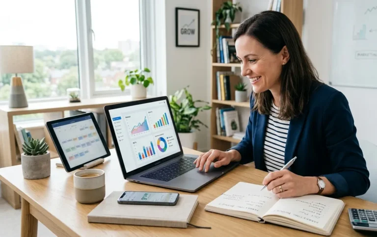Digital marketing cost for small businesses with a business owner reviewing marketing budgets and analytics on a laptop.
