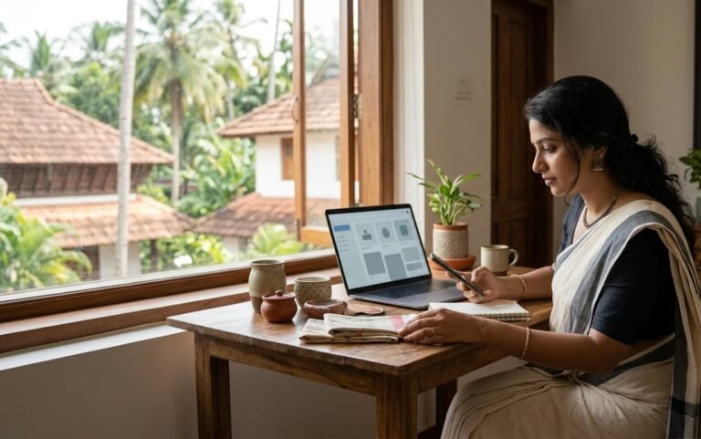 A Kerala small-business owner planning Instagram Marketing Strategies for Small Businesses in Kerala using a smartphone in a modern workspace.
